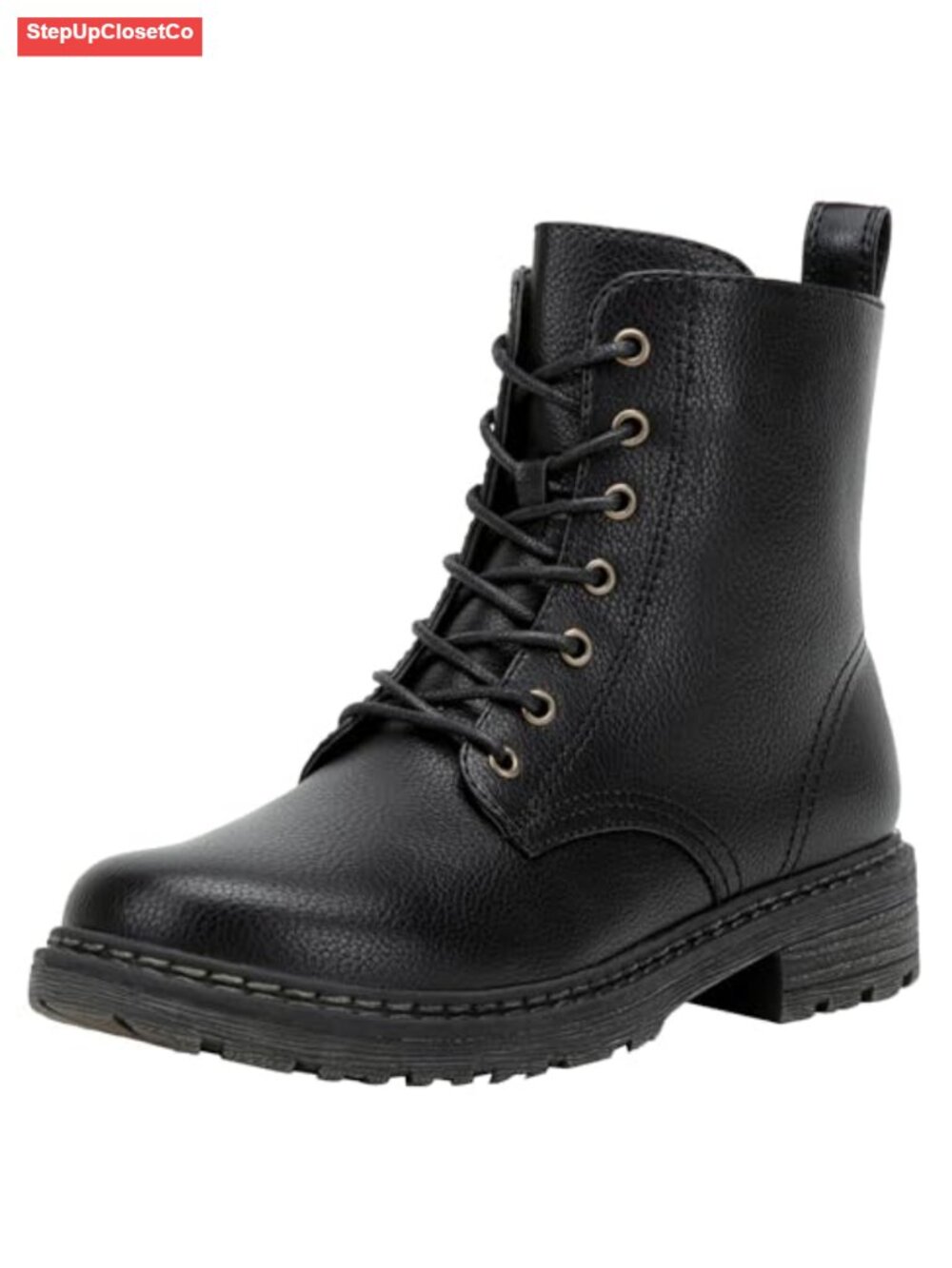 Faux Leather Combat Boots Lace Up Side Zip Ankle Booties Low Heel
